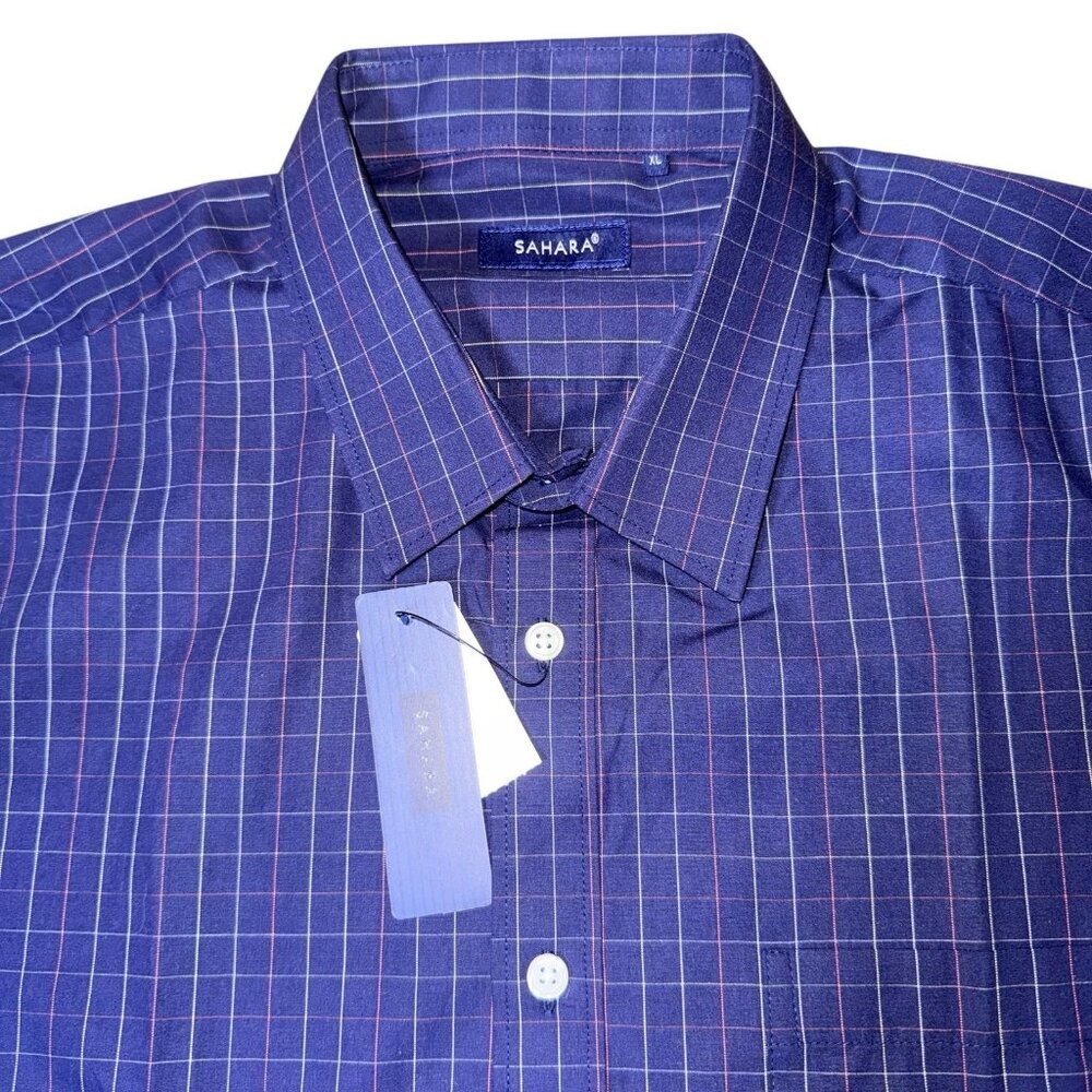 New Men's Sahara Casual Short Sleeve Shirt Navy Blue Checkered Size XL - Picture 7 of 7